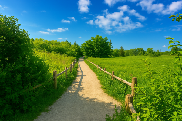 Scenic walking trail in a lush green park, Etobicoke, Toronto Takeoff-Moving Toronto
