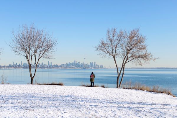 Toronto skyline across Lake Ontario from a snowy Etobicoke park Takeoff-Moving Toronto