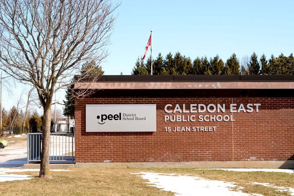 Caledon East Public School sign at 15 Jean Street, part of Peel District School Board Takeoff-Moving Toronto