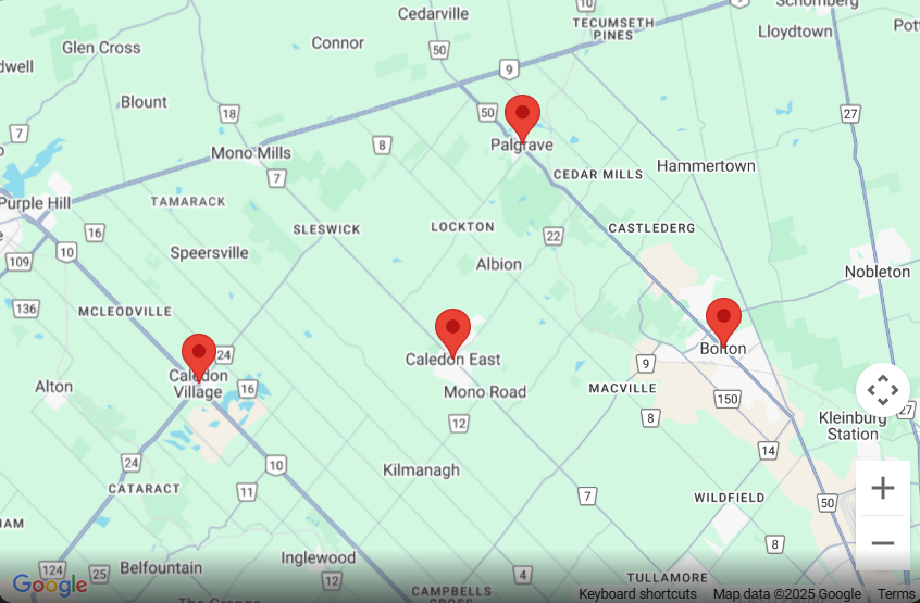 Map showing locations in Caledon, Ontario, including Palgrave, Bolton, and Caledon East. Takeoff-Moving Toronto