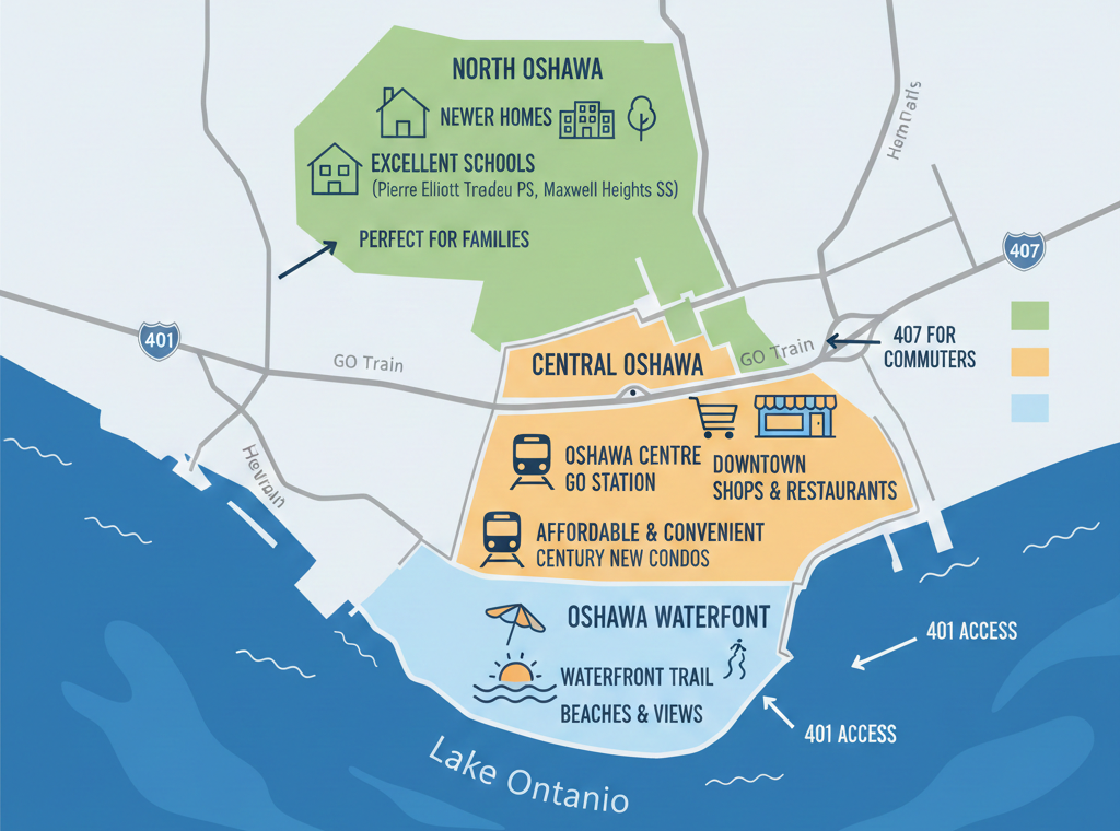 Map of Oshawa neighborhoods: North Oshawa, Central Oshawa, and Oshawa Waterfront. Takeoff-Moving Toronto