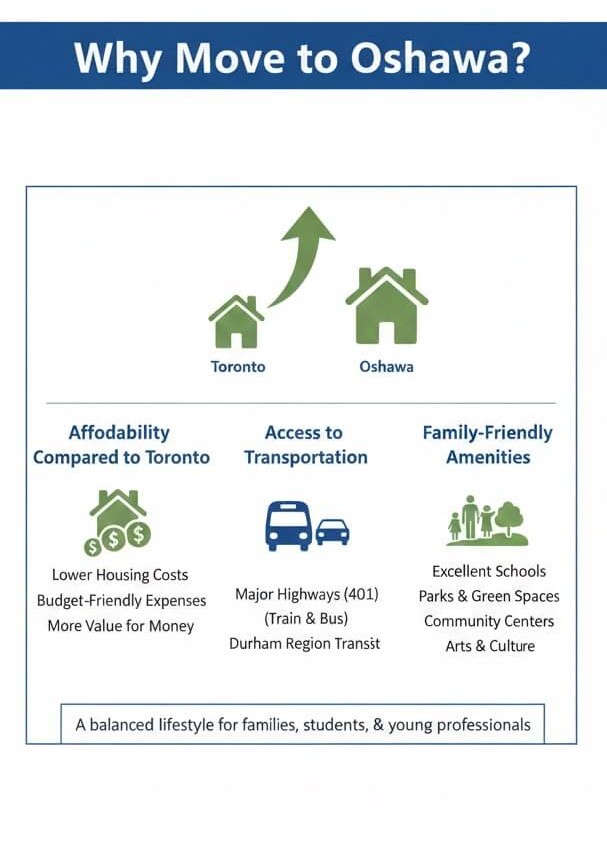 Infographic: Why move to Oshawa? Affordability, transport, amenities vs. Toronto. Takeoff-Moving Toronto