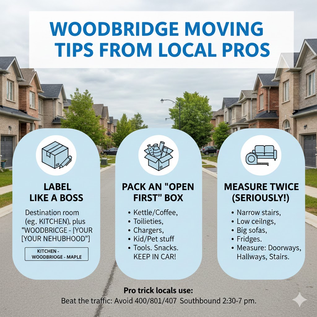 Woodbridge moving tips: Label boxes, pack an open first box, measure carefully. Takeoff-Moving Toronto