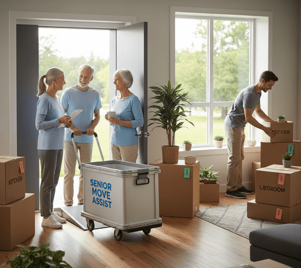 Seniors and mover with "Senior Move Assist" cart, preparing for a move. Takeoff-Moving Toronto