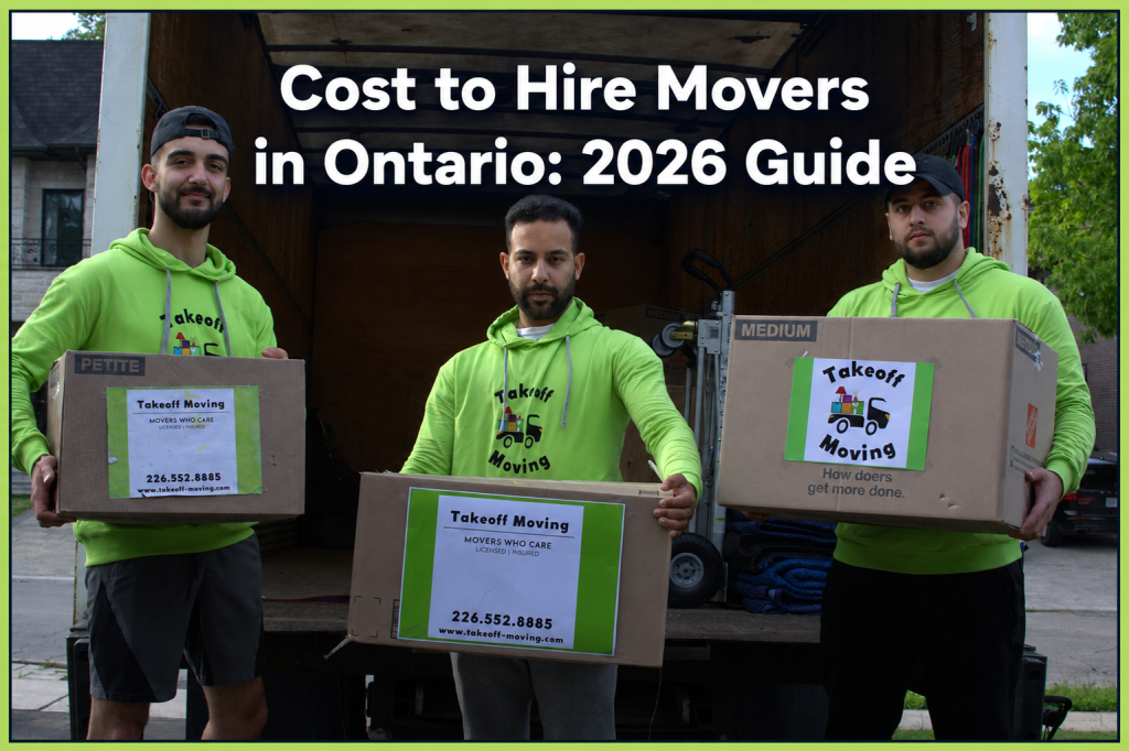 Three movers in green shirts hold moving boxes, with "Cost to Hire Movers in Ontario: 2026 Guide" text. Takeoff-Moving Toronto